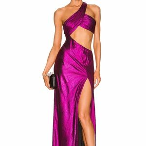Fuchsia metallic one shoulder long Evening dress